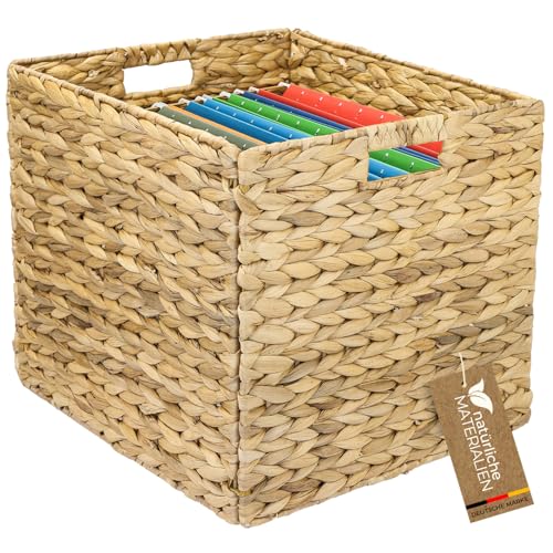 HMF Aufbewahrungskorb für DIN A4 Hängeregister passend für KALLAX Regal Korb geflochten aus Wasserhyazinthe mit Griffen | 33 x 38 x 32 cm | Natur
