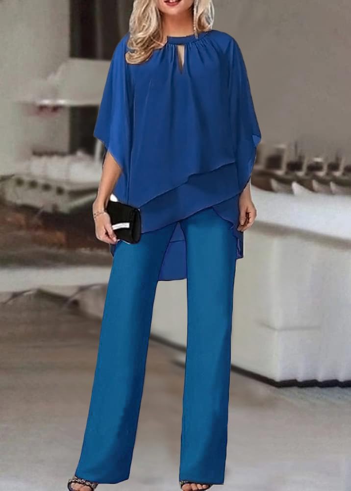 Generisch Tuta da donna in tulle, set da due pezzi, con camicia in chiffon e vita alta, elegante, vintage, 2 pezzi, per cocktail, feste, feste, pantaloni da donna in seta