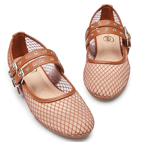 Trary Ballet Flats for Women,Mesh Mary Jane Shoes,Double Buckle Strap Spring Summer Shoes Comfortable Dressy2
