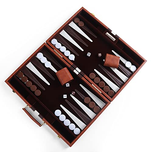 Magic Vosom Travel Large 18 Inch Backgammon Set Classic Board Game Travel with Leather Make Board Gift Package, Portable Travel Strategy Backgammon Game Set for Adults, Kids (Brown,Large)