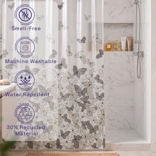 Image of Wakefit PEVA Plastic Printed Shower Curtain 7 Feet | 12 Free Hooks | No Smell, Toxin Free PEVA Plastic | Waterproof Bathroom Curtain | Curtain for Balcony | Height 7ft & Width 6ft | Butterfly Black