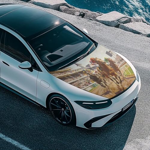 Image of Hood Cover for Compact Sedan SUV Trucks, 59x39 inches Stretchable Car Hood Wrap Blankets, Horse Racing Waterproof Automotive Exterior Accessories