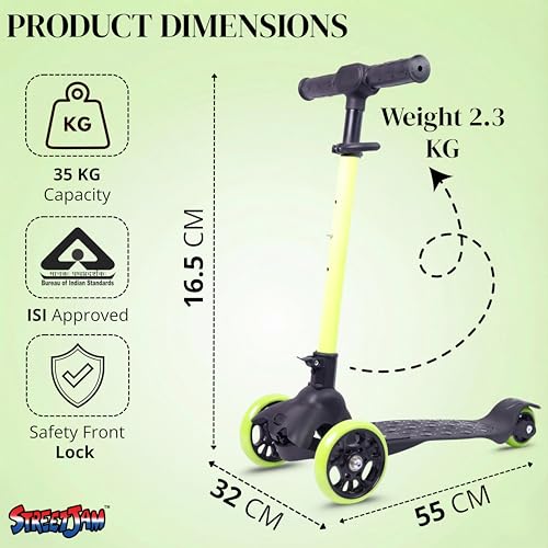 Image of STREETJAM Komiks Kids Kick Scooter for 3-12 Years, Tilt & Turn Safety Lock (1st Time in India), BIS Approved, Lean-to-Steer, Wide Deck, Adjustable Height, Up to 35 kg Load (Black with Neon Green's)