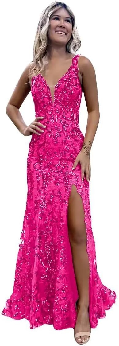 Sparkly Sequin Prom Dresses with Slit for Women 2025 V Neck Mermaid Long Formal Gowns Backless Evening Dresses