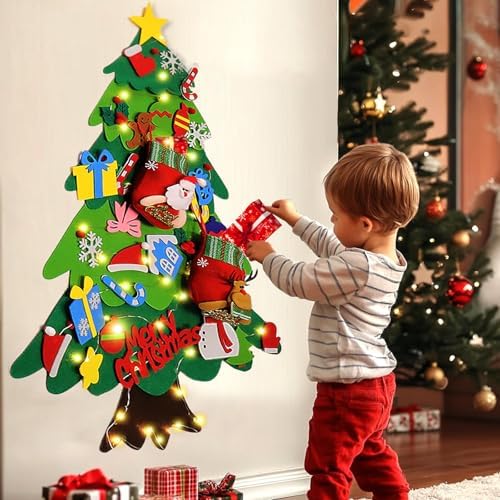 BABORUI Felt Christmas Tree for Toddlers with Christmas Stockings, Xmas Wall Hanging Ornaments Decorations kit with String Lights for Kids to Decorate, Interactive DIY for Childrens