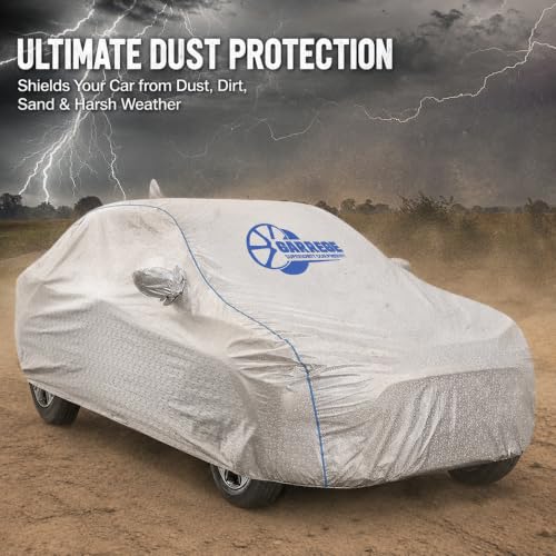 Image of Metallic Silver Triple Coated Inner Soft Lining Cotton Waterproof Car Body Cover with Mirror Pocket Blue Strap Style for Elantra Cars (Box Printed Silver)
