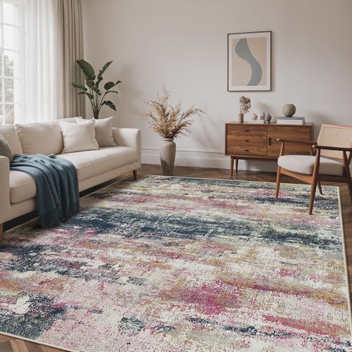 Image of BEIMO Area Rugs 8x10 for Living Room Bedroom, Modern Abstract Machine Washable Rug, Large Soft Low Pile Floor Carpet with Non Slip Backing for Dining Room, Navy /Pink
