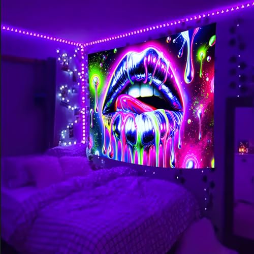 Image of BlissYard Neon Geometric Dripping Lips Tapestry 78x59 Inch - Blacklight UV Reactive Psychedelic Wall Hanging for Bedroom Living Room Party & Festival Decor