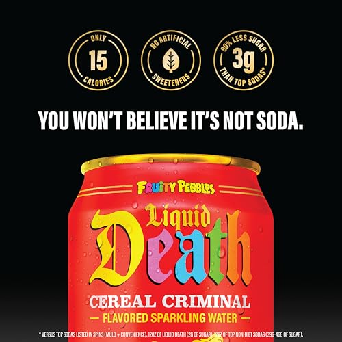 Image of Liquid Death Soda-Flavored Sparkling Water - Cereal Criminal (Fruity Pebbles, Cream), Less Sugar*, Huge Flavor, No Caffeine, No Artificial Sweeteners, 12 Fl Oz (Pack of 12)