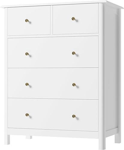 Miniatura 9 de HOUSUIT Cómoda blanca con 5 cajones, cómoda alta, cómoda de 5 cajones con espacio profundo, armario de almacenamiento de madera para sala de estar,