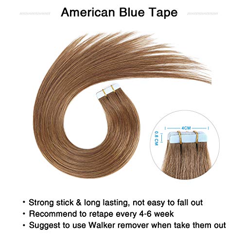 Image of SUYYA Tape In Hair Extensions Human Hair 20 Inch #8 Light Brown | Remy Human Hair, Invisible Skin Weft, Soft & Silky Straight Hair, 20PCS 50G, Seamless Blend, Add Length & Volume
