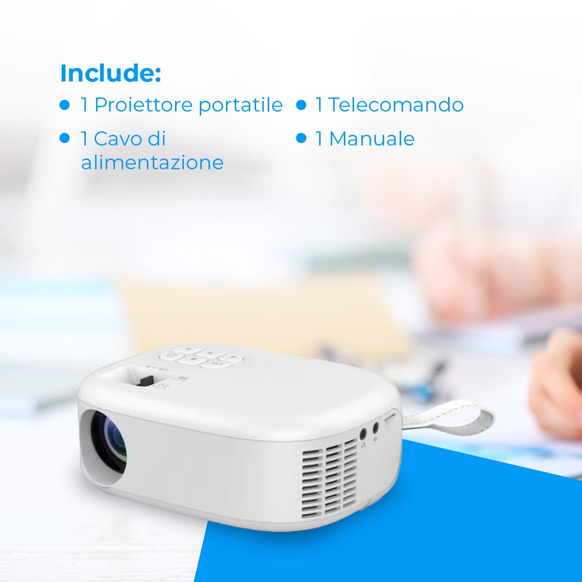 NK Mini proiettore portatile supporto 1080P e 6.500 lumen - Alta risoluzione LED, altoparlante integrato, ingresso USB, HDMI, AV, auricolare, dimensioni 30"-120", compatibile cellulare, tablet, PC,