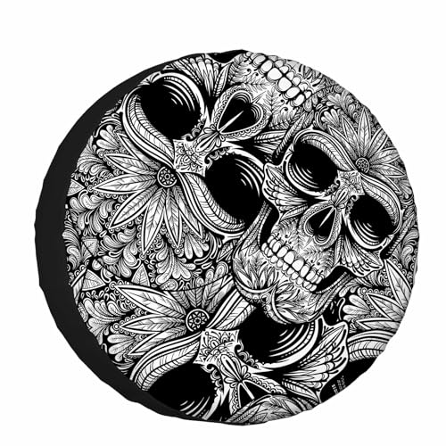 Image of Tattoo Skull Spare Tire Cover 15 inch Wheel Black and White Skull Protectors Weatherproof Universal for Trailer Tire Cover Rv SUV Truck Camper Travel Trailer