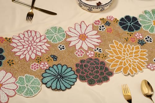 Image of MFU - Made For You Cotton Beaded Table Runner 13x36 Inches Beige Blue | Handmade Decorative Rectangular Table Runner for Dining Table, Center Table, Coffee Table, Home & Occasion Decor