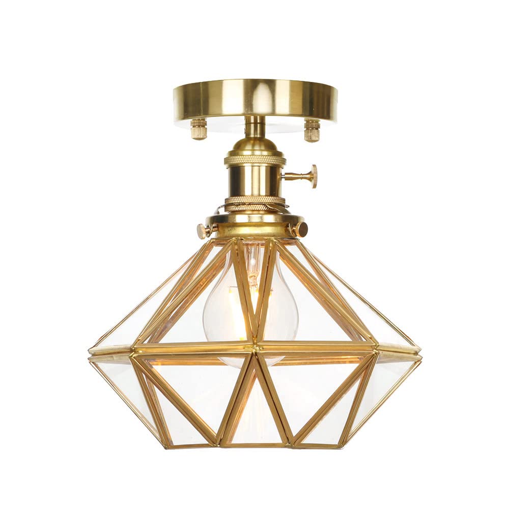Lampa sufitowa, szklana lampa półmontażowa, 7,8 cala (19,8 cm) wysoka mosiężna lampa sufitowa w stylu Mid-Century, lampa do przedpokoju z 8-ramiennym kloszem diamentowym w kształcie gwiazd