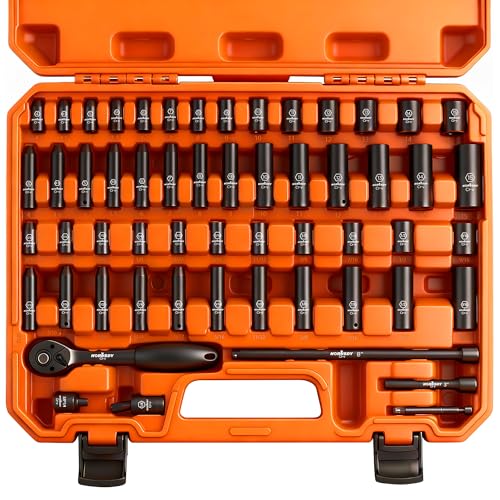 HORUSDY 56-Piece 1/4" Drive Impact Socket Set, Standard SAE (5/32 to 9/16 inch) and Metric (4-15mm) Size, 6 Point, Cr-V, 1/4-Inch Drive Ratchet Wrench, Drive Extension Bar, Impact Universal Joint