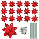 JULBEAR Weihnachtsstern Künstlich, 16 Stück Glitter Weihnachtsstern Blumen Weihnachtsbaumschmuck Künstliche Blumen mit Clips Vorbauten für Weihnachtsbaum Deko(Rot)