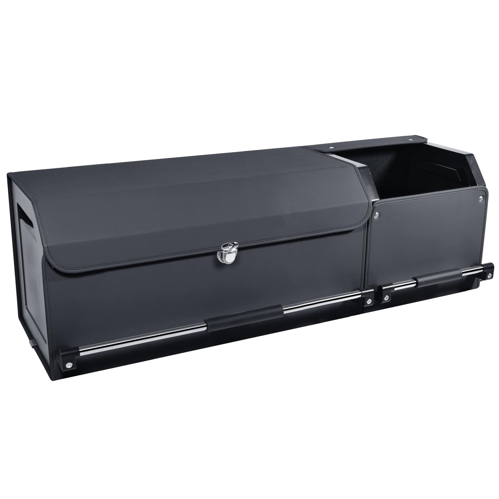 Organizador para Maletero de Coche con Tapa | Caja de Almacenamiento Modular 2 en 1 (con Subcajas) | Tamaño XXL | Asa Estable y Cuero Resistente | Marco ABS (Negro, 104x29x31cm)
