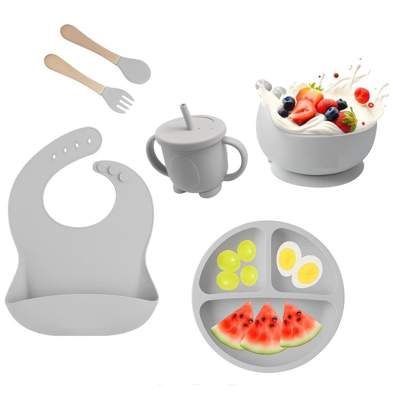 6PCS Silicone Baby Feeding Set – Suction Plate, Bowl, Bib, Spoon, Fork & Cup, BPA-Free, Non-Toxic, Microwave & Dishwasher Safe for Toddlers 6+ Months (Green)-image-23