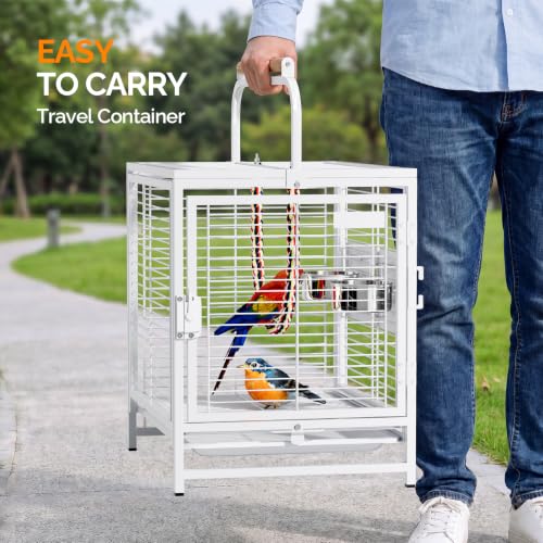 Image of VINGLI Small Bird Cage, 19 inch Travel Carrier Bird Cage with Handle, Wrought Iron Parakeet Cage with Wooden Perch for Parrot Lovebirds Finches Small /Medium Birds (White)