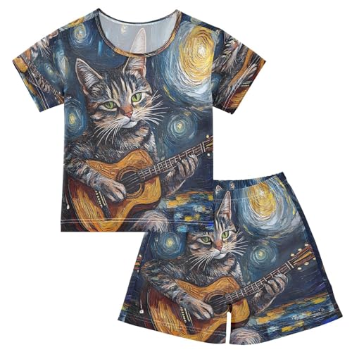 ALAZA Cat Playing Guitar Van Gogh Pajamas Set Short Sleeve Cotton Sleepwear Summer Pjs 2 Piece 5-14Y