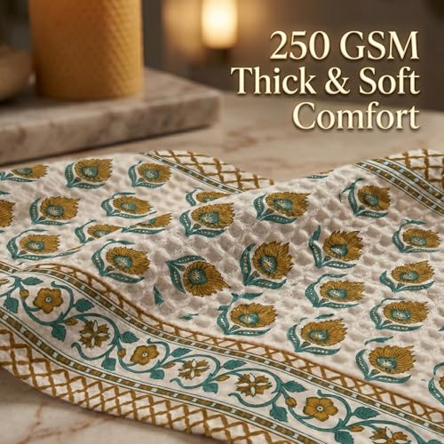 Image of Mafatlal Madhuban Premium Waffle Cotton Bath Towel (147x76 cm) | 250 GSM | Soft, Quick Dry, Lightweight & Super Absorbent | Thai Curry Color