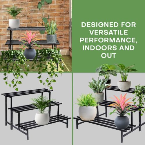 Image of Pivalo 3-Tier Rectangular Plant Stand Anti-Rust Metal Shelf Flower Pot Holder Outdoor & Indoor Planters Gamla Stands for Balcony & Living Room Home Decor (Set of 1, Black)