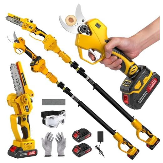 Luzrise 4-in-1 Cordless Electric Pruner Kit, 2.5" Cutting Size Battery Pruning Shears, 15ft Pole Chainsaw with 2x 21V 4000mAh Batteries, LCD Display, SK5 Blades for Garden/Courtyard/Yard Work (YELLOW)