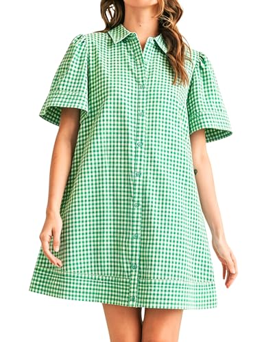 Image of Womens Short Sleeve Button Down Mini Shirt Dress Lapel Collar Short Dresses with Pocket