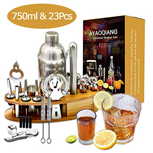 24-Piece Bartender Kit Cocktail Shaker Set with Espresso Bamboo Stand,Perfect Home Bartending Kit