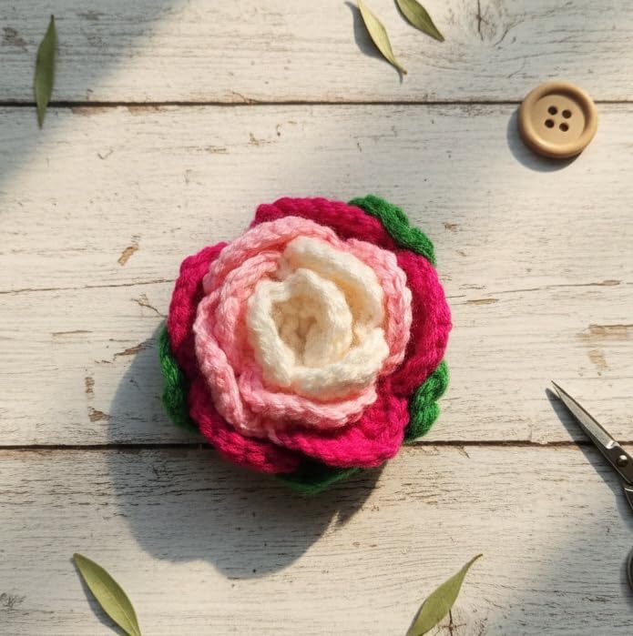 Image of Handmade Crochet Rose Hair Clip, Multicolor Floral Design with Pink and white Yarn Material, Stylish hair accessories