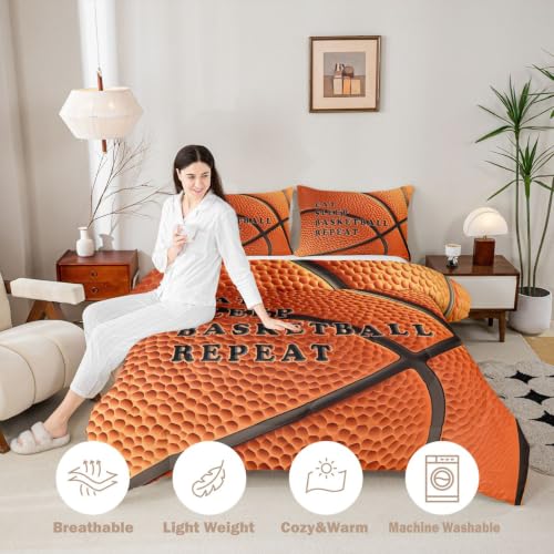 Image of Feelyou Basketball Comforter Set King Size Ball Pattern Bedding Set for Kids Boys Girls Eat Sleep Sports Theme Duvet Quilt Bedroom Decor Microfiber 3 Pcs with 2 Pillow Cases