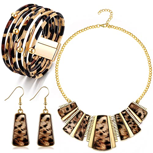 Junkin 3 Pieces Leopard Necklace Earrings Bracelets Leopard Jewelry Set for Women Bohemia Cheetah Print Safari Theme Multi Layer PU Leather Wrist Cuff Wrap Gift Accessories