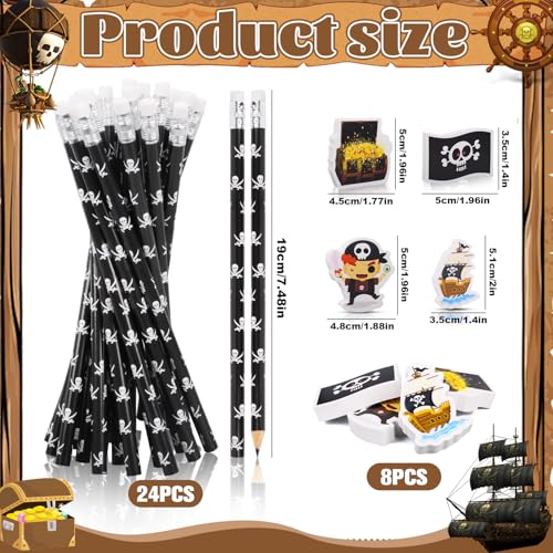 Ezydka Piraten Bleistifte Set HB Bleistift mit Radiergummi Mitgebsel 24 Bleistifte und 8 Groß Radiergummis für Kinder Geburtstag, Schulanfang zum befüllen, Weihnachten oder Fasching