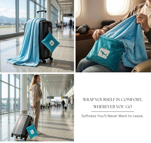 Image of VAS COLLECTIONS Travel Pillow Blanket 2-in-1, Ultra Soft Flannel Blanket with Carry Case, 65x40 Inches, Compact Portable Travel Blanket for Flights, Camping and Travel Comfort (Aqua)