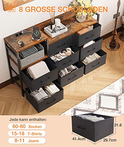 ODK Kommode mit Schubladen, 2 USB & 2 AC-Anschlüssen, 8 Schubladen aus Stoff - Geeignet für Multifunktionaler Schubladenschrank für Schlafzimmer und Wohnzimmer, 132 * 30 * 88 cm,Vintage und Schwarz