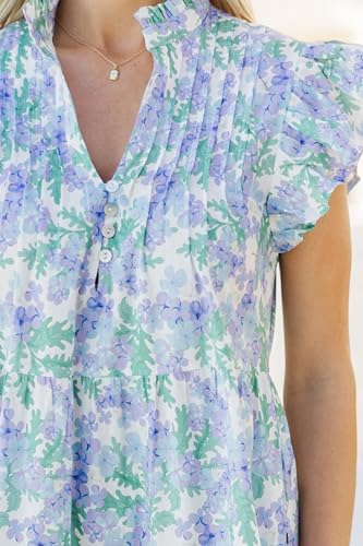 Image of Women Patchwork Dress Y2k Floral Puff Short Sleeve Maxi Dress Summer Boho Smocked Tiered Ruffle Beach Sundress