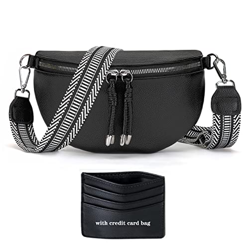 Lanxingluo Bauchtasche Damen Veganes Leder, Crossbody Bag Breiter Gurt Stylisch, Schwarz Gürteltasche, Hip Brusttasche wasserdichte for Women's Fanny Pack