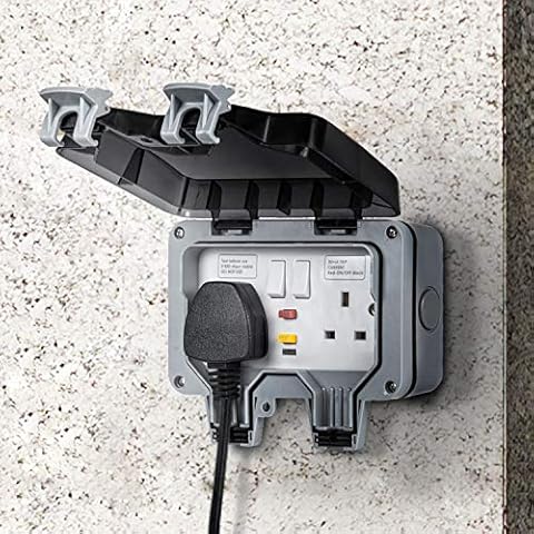 GZBtech Waterproof Outdoor Power Socket with RCD,13A Exterior Double Electrical Plug Sockets IP66 Weatherproof for Bathroom Garden Garage Yard,Wall Outlets Socket Box 2 Gang Outside Use Cover