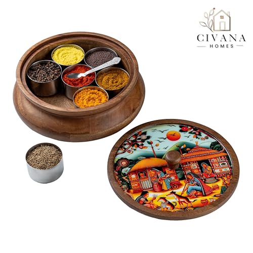 Image of Wooden Spice box for kitchen with spoon, Mango wood box with 7 Steel containers | Masala box for kitchen | Masala Dani | Best Gift (Red Masala Box)