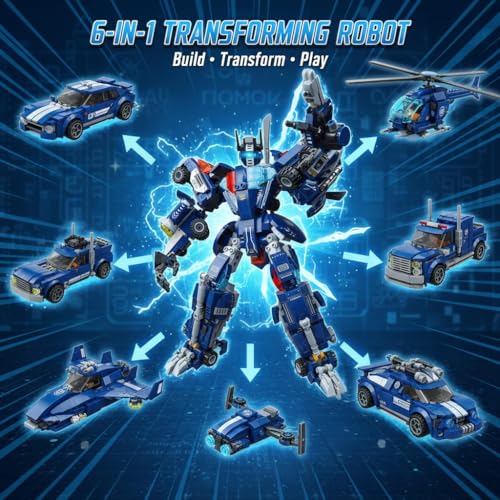 Image of SKY LINE OCEAN 6-in-1 Robot Building Blocks Set (750+ PCS) | Transforming Mech Models Construction Kit | STEM Educational Toy for Kids & Teens | Creative Play Set | 5 Year Structural Warranty
