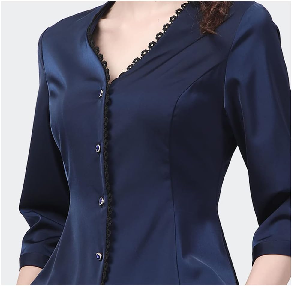 Womens 3/4 Sleeve Satin Shirt Elegant Slim V-Neck Button-Down Tops Casual Working Blouses