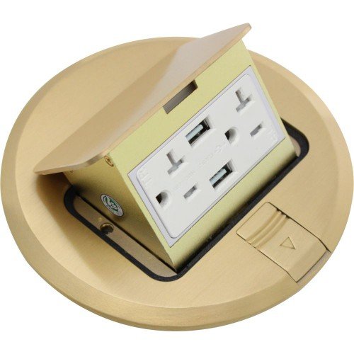 Orbit Industries FLBPU-DU-R-C-BR Round Pop-up Floor Box Cover Only with Duplex Receptacle and Dual USB Ports, Tamper Resistant, Brass