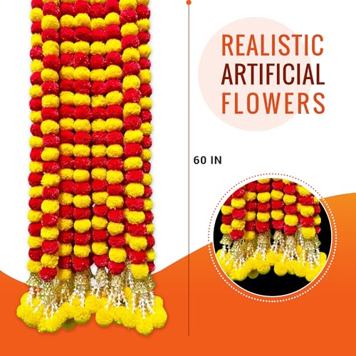 Image of DIYANA IMPEX Marigold Garland for Decoration 5 Pcs of 5 feet Long Strands Artificial Marigold Flowers with Bell, Indian Decor for Pooja /Diwali Decorations /Christmas (Red + Yellow)