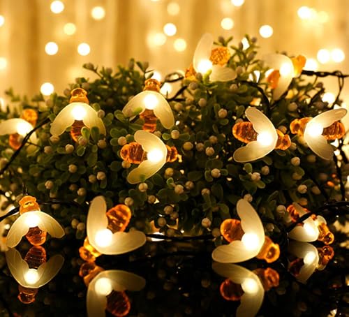 Image of AERYS Solar String Lights Outdoor 21 Ft 30 LED Solar Bee String Lights with 8 Lighting Modes Bumble Bee Lights for Garden Yard Lawn Patio Party Grass Decor (Warm White)