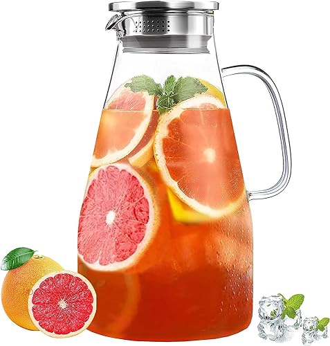Image of Wringo Premium Glass Water Jug - 1.8 LTR, Transparent, Hot Cold Water Glass Pitcher with Steel Lid Water Jug, Iced Tea, Milk and Juice Beverage Carafe, Lemon Jug 1800ML (WQ-04)