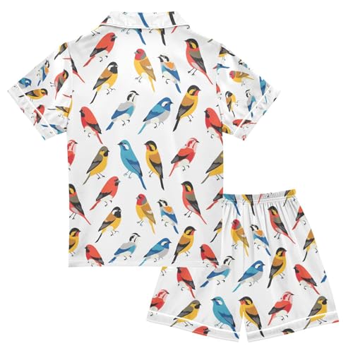 senya Colorul Cute Bird 1 Satin Summer Pajama Sets Silk Short Sleeve Button Down Sleepwear2