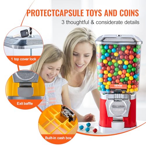 Image of VEVOR Gumball Machine for Kids, 17 inchH Home Candy Vending Machine, PC Gumball Dispenser, Bubble Gum Machine for Game Stores, Coin Operated Gumball Bank for Toy Capsules Bouncy Balls Candy, Red