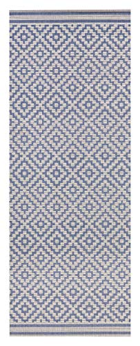 NORTHRUGS In- und Outdoor Teppich Raute 80x200cm - Wetterfest Modern Geometrisches Raute Muster Allover Design Läufer für Balkon Terrasse Garten Wintergarten Wohnzimmerteppich Wasserfest in Blau Creme