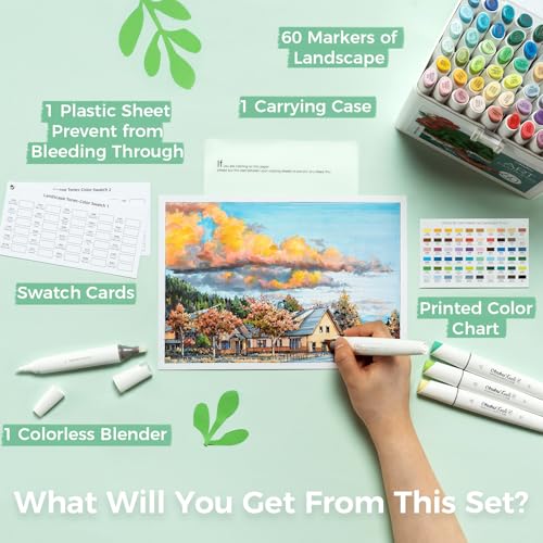 Image of Ohuhu Alcohol Markers Double Tipped Slim Broad and Fine Art Marker for Artists Adult Coloring Drawing Landscape Sketch - 60 Colors Kaala Markers Refillable Art Pen Gift